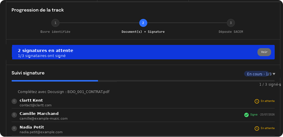 Progression d'une track et suivi des signatures Docusign dans clartt